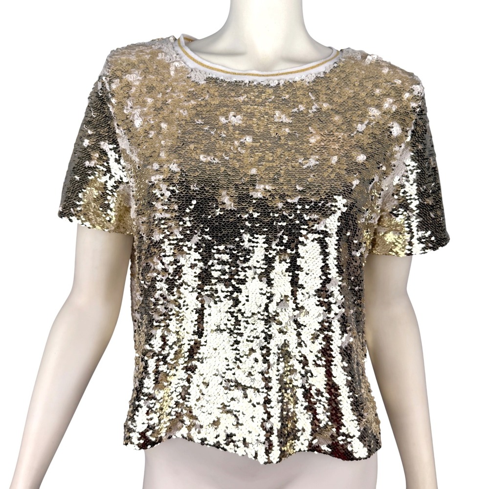 Chelsea & Violet Top XL Gold Sequin Reversible Short Sleeve Party Glam Metallic